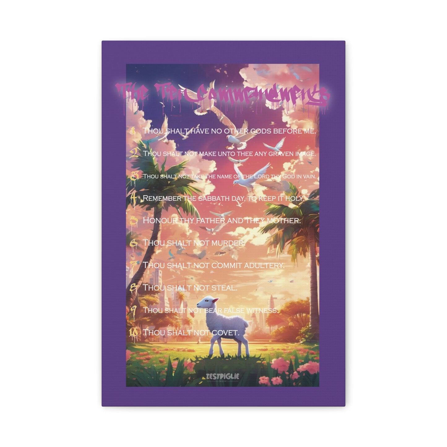 10 Commandments - Sheep, Palms, and Doves - Canvas (1.25" Depth) - 12" x 18" - Purple Border