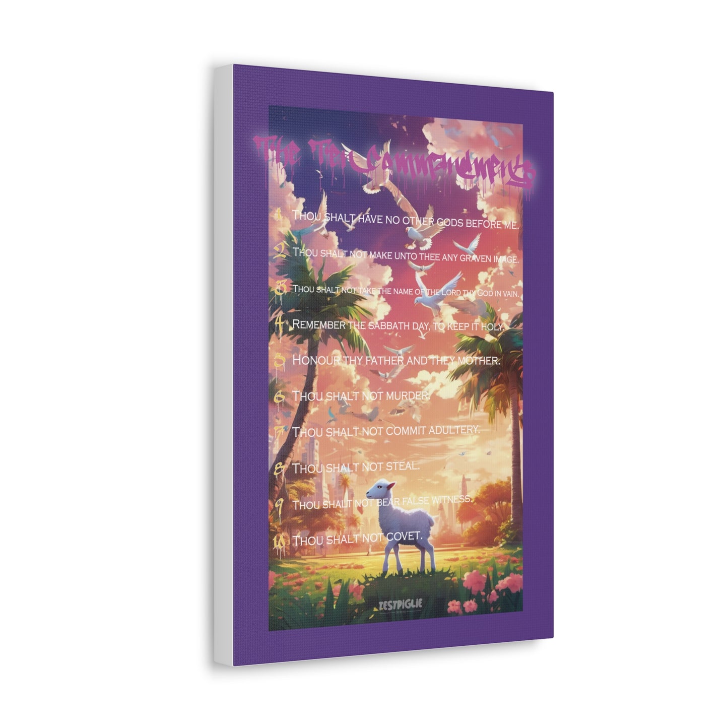 10 Commandments - Sheep, Palms, and Doves - Canvas (1.25" Depth) - 12" x 18" - Purple Border